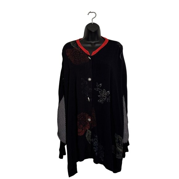 JG's Mad Lab Vintage Black Button-Up Tunic With Red Accents & Floral Design - Picture 1 of 10